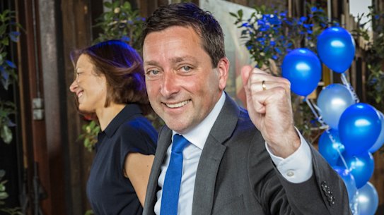 Opposition leader Matthew Guy leaves the Liberal Party election launch in Port Melbourne.