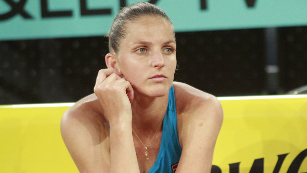 Not happy: Karolina Pliskova took her frustration out on an umpire's chair.