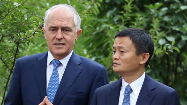 Charismatic salesman: Jack Ma, as he took former PM Malcolm Turnbull around Alibaba's headquarters in Hangzhou two years ago. 