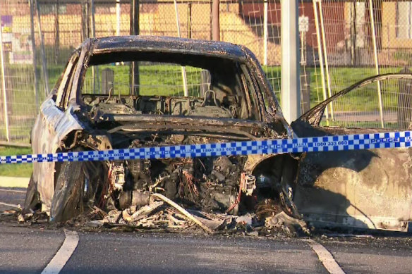 The remains of the burnt out car in Mickleham on Thursday morning.