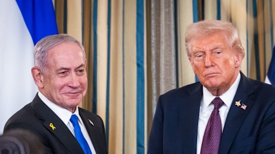 US President Donald Trump and Israeli Prime Minister Benjamin Netanyahu shake hands during the White House news conference.
