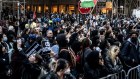 Pro-Palestinian demonstrators outside the Stern School of Business at New York University on Sunday.