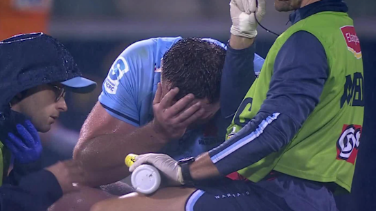 Waratahs prop Angus Bell after picking up a foot injury against the Brumbies in Canberra on Saturday evening. 