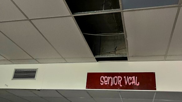 Ceiling damage on top floor of Collingwood College.