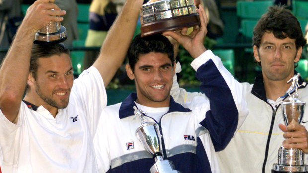 Happy days: Philippoussis with Pat Rafter and Sandon Stolle after their victory in the World Team Cup final in Duesseldorf in 1999.