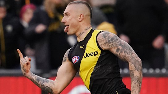 Dustin Martin celebrates a goal.