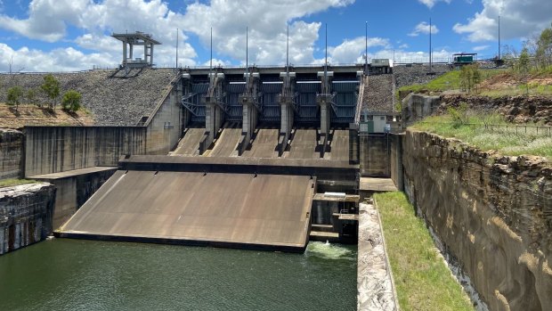 One of Wivenhoe Dam’s outflow gates in January.