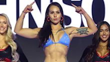 Aussie boxer Cherneka Johnson poses on the scale.