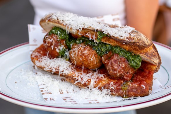 Mortadeli’s meatball sub with basil pesto and parmigiano.