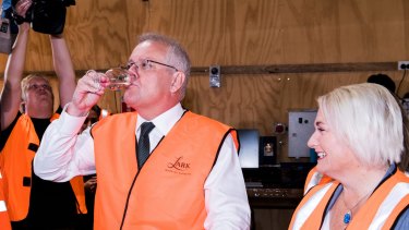 Whiskey tipple: Prime Minister Scott Morrison visits the Lark Distillery in Hobart with the local Liberal candidate Susie Bower.