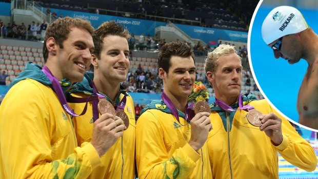 Christian Sprenger, James Magnussen, Matt Targett and Hayden Stoeckel risk being stripped of their bronze medal. Brenton Rickard is pictured inset. 