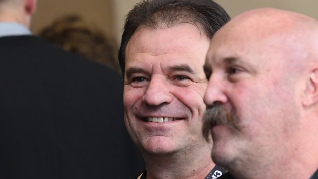 John Setka, left, and Shaun Reardon outside the Melbourne Magistrates Court.