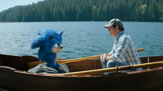 Sonic (Ben Schwartz) and James Marsden in Sonic the Hedgehog 2.