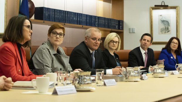 A meeting of federal cabinet’s women’s taskforce at Parliament House in Canberra on April 6, 2021.