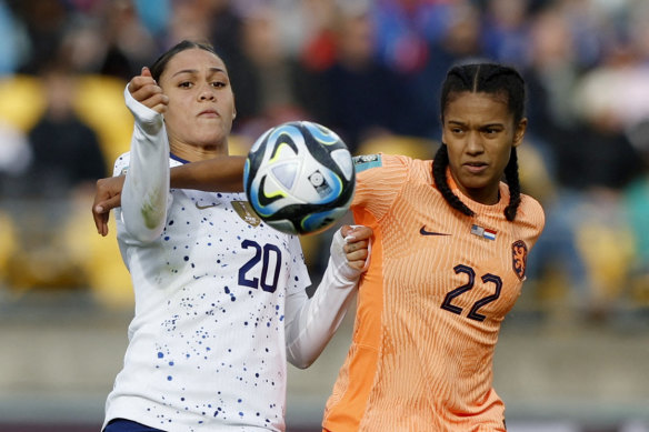 Trinity Rodman of the US in action with the Netherlands’ Esmee Brugts.