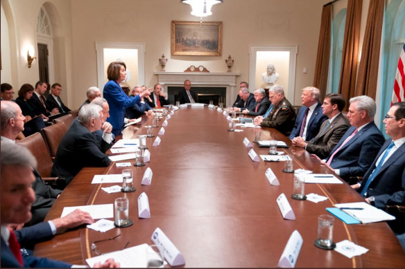 House Speaker Nancy Pelosi in discussion with US President Donald Trump.