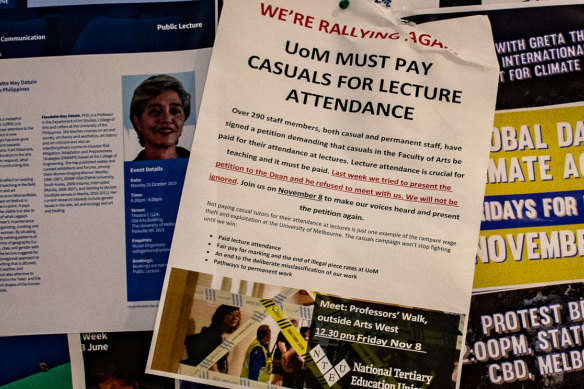 A flyer on campus highlights the issue of pay for the university's many casual academic staff.