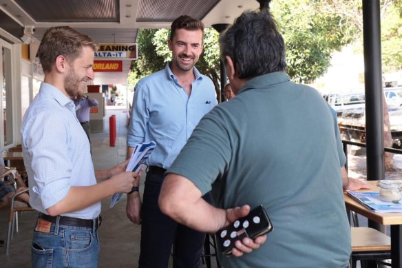 Liberal Kalamunda candidate Liam Staltari and Opposition Leader Zak Kirkup on Tuesday.