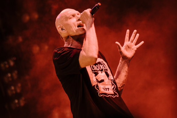 Peter Garrett, on stage with Midnight Oil in Launceston during the Resist tour.