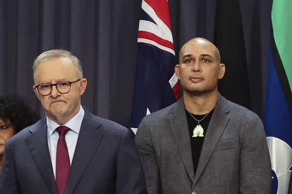 Mayo next to Prime Minister Anthony Albanese when the wording of the constititonal amendment was announced.