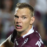 SYDNEY, AUSTRALIA - MARCH 08: Tom Trbojevic of the Sea Eagles makes a break during the round one NRL match between Manly Sea Eagles and North Queensland Cowboys at 4 Pines Park, on March 08, 2025, in Sydney, Australia. (Photo by Cameron Spencer/Getty Images)