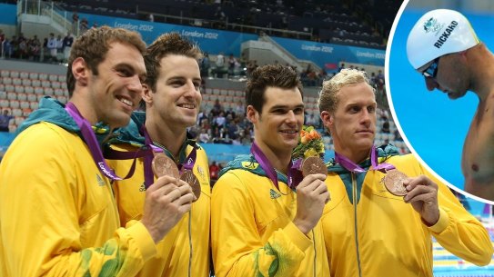 Composite of Christian Sprenger, James Magnussen,Matt Targett and Hayden Stoeckel risk being stripped of their medal. With Brenton Rickard 