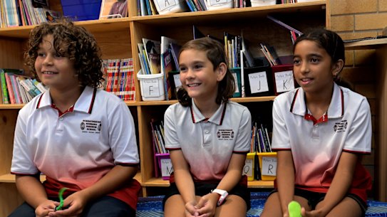 Darruy Briggs, Elsie Peckham, Jayalaani Webb, all 10, from  Gumbaynggirr Giingana Freedom School Coffs Harbour