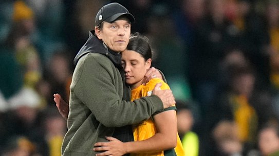 Coach Tony Gustavsson and captain Sam Kerr react to the Matildas’ loss.