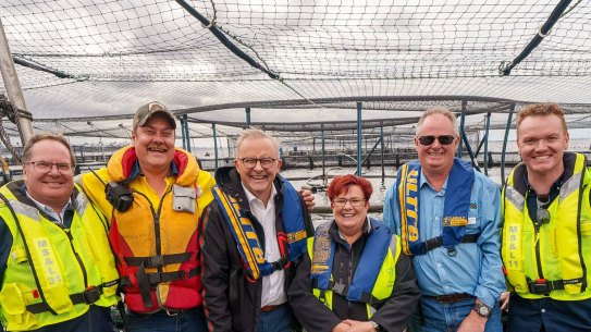 Prime Minister Anthony Albanese visits salmon farms in Macquarie Harbour, on Tasmania’s west coast. 