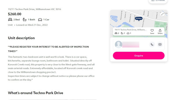 A sample rental listing for a unit at Techno Park Drive which did not clarify that living in the unit was illegal.