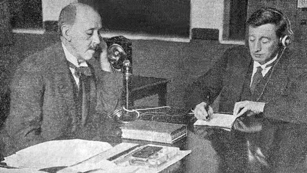 Acting editor of the SMH, H.K. Williams speaking with the editor of the London Morning Post. On the right, shorthand of the conversation is being taken. 
