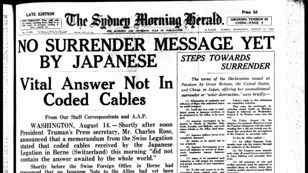 Page image from the National Library of Australia’s Newspaper Digitisation Program Front page of The Sydney Morning Herald from 15th August 1945. Accessible via Trove.