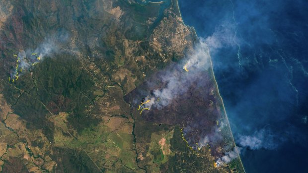 A satellite view of the central Queensland bushfires, captured on Monday. 