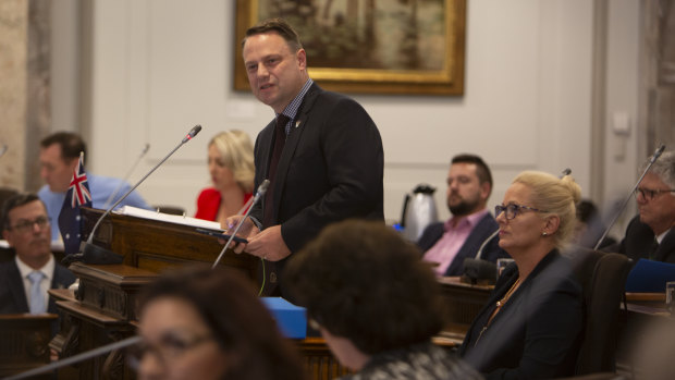 Lord mayor Adrian Schrinner speaking in the council chambers.