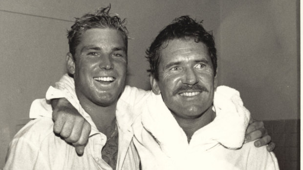 A national hero is born: Shane Warne with Allan Border.