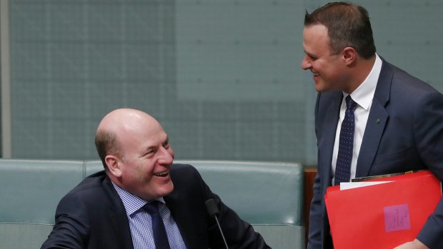 Liberals MPs Trent Zimmerman and Tim Wilson, pictured during Question Time in August, celebrated Zimmerman's birthday with their colleagues on Tuesday night.