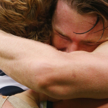 Geelong’s Patrick Dangerfield gets emotional during an AFL game against Hawthorn.