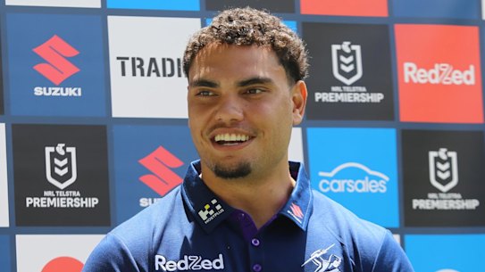 New Storm signing Xavier Coates speaks to the media on Thursday.