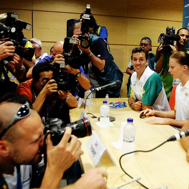 Ian Thorpe (right) at a press conference ahead of the Athens Olympics with teammates Matt Welsh and Leisel Jones