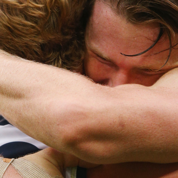 Geelong’s Patrick Dangerfield gets emotional during an AFL game against Hawthorn.