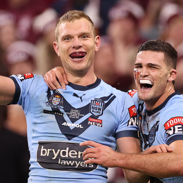 Tom Trbojevic and Nathan Cleary celebrate a try in Origin I.