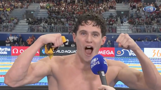 Harrison Turner reacts after his bronze medal in the men’s 200m butterfly final at the world swimming championships in Singapore.
