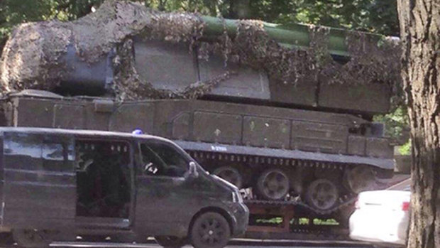 An image of Buk-Telar missile launching system probably taken on July 17, 2014, in the town of Makeevka, Ukraine. 