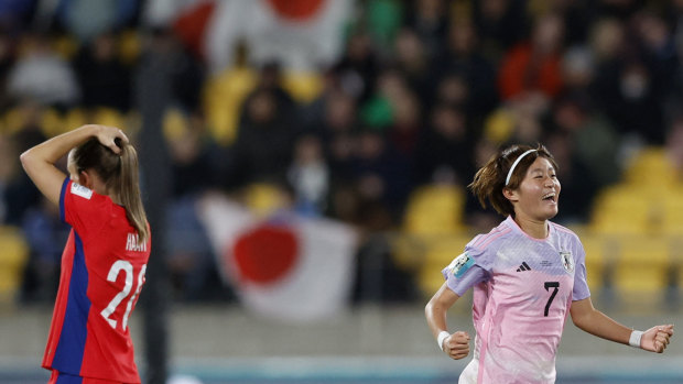 Japan’s Hinata Miyazawa celebrates after an own-goal blunder by Norway’s Ingrid Syrstad Engen.