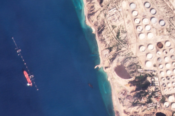 A vessel is seen off Khargh Island, Iran in January 2022, likely taking part in the illicit trade of Iranian crude oil at sea despite Western sanctions.