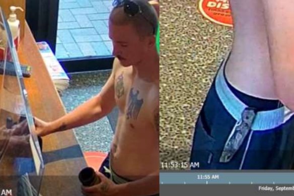 CCTV footage of Luke Gilbert earlier in the evening, showing a knife clipped to his boardshorts.