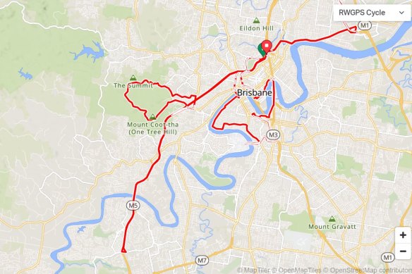 The Tour de Brisbane course map for the 110km ride in 2024.