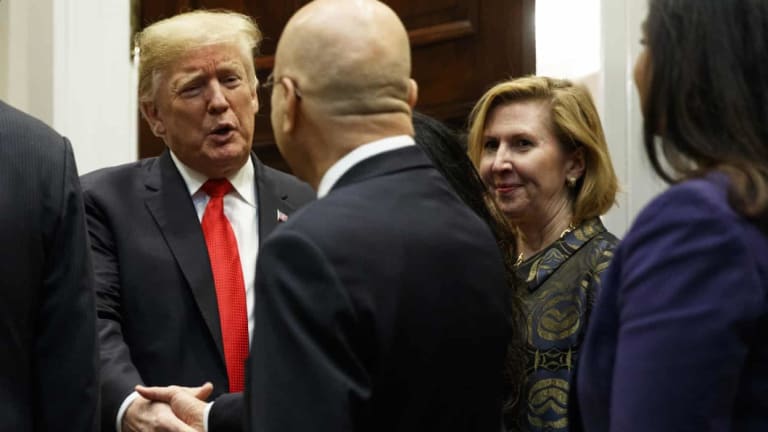 Mira Ricardel with Donald Trump at the Roosevelt Room of the White House on Tuesday. 