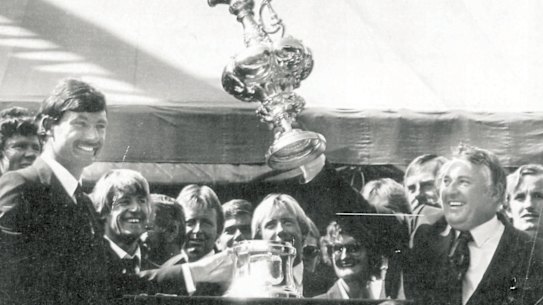 Historic win: a jubilant John Bertrand and Alan Bond wrest the America's Cup from the New York Yacht Club in 1983.