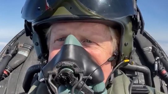 Footage of outgoing British Prime Minister Boris Johnson flying a Typhoon fighter jet
